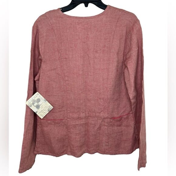 Flax Pink/Red Long Sleeve 100% Linen Lagenlook Button Front Shirt Small - Picture 2 of 9